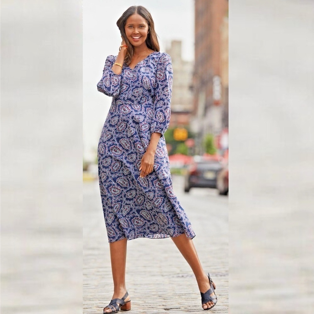 Talbots Midi Dress Size 14W Blue Red White Paisley Fit & Flare Cotton 1X EUC